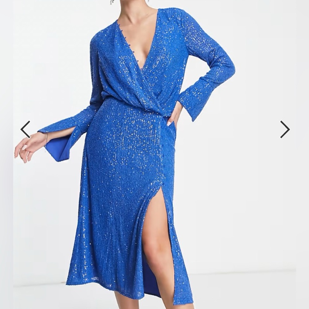 ASOS Design Sequin Blue Drape Midi Dress - US 4